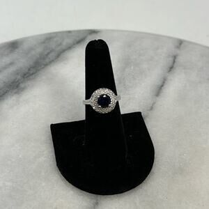 Silver plated blue glass domed halo encrusted ring size 6.5